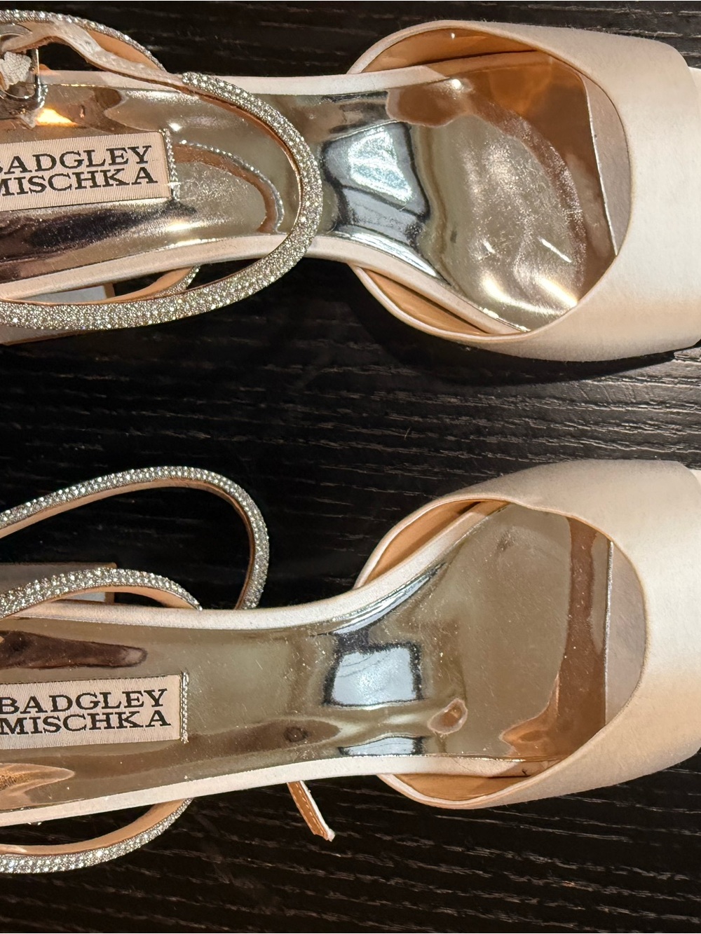 Badgley Mischka Blush Satin Peep-Toe Heels with Rhinestone Straps